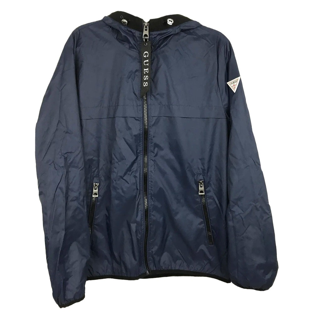 Guess Womens Medium M Jacket Coat Windbreaker Hooded Rain Navy Blue Spring Fall
